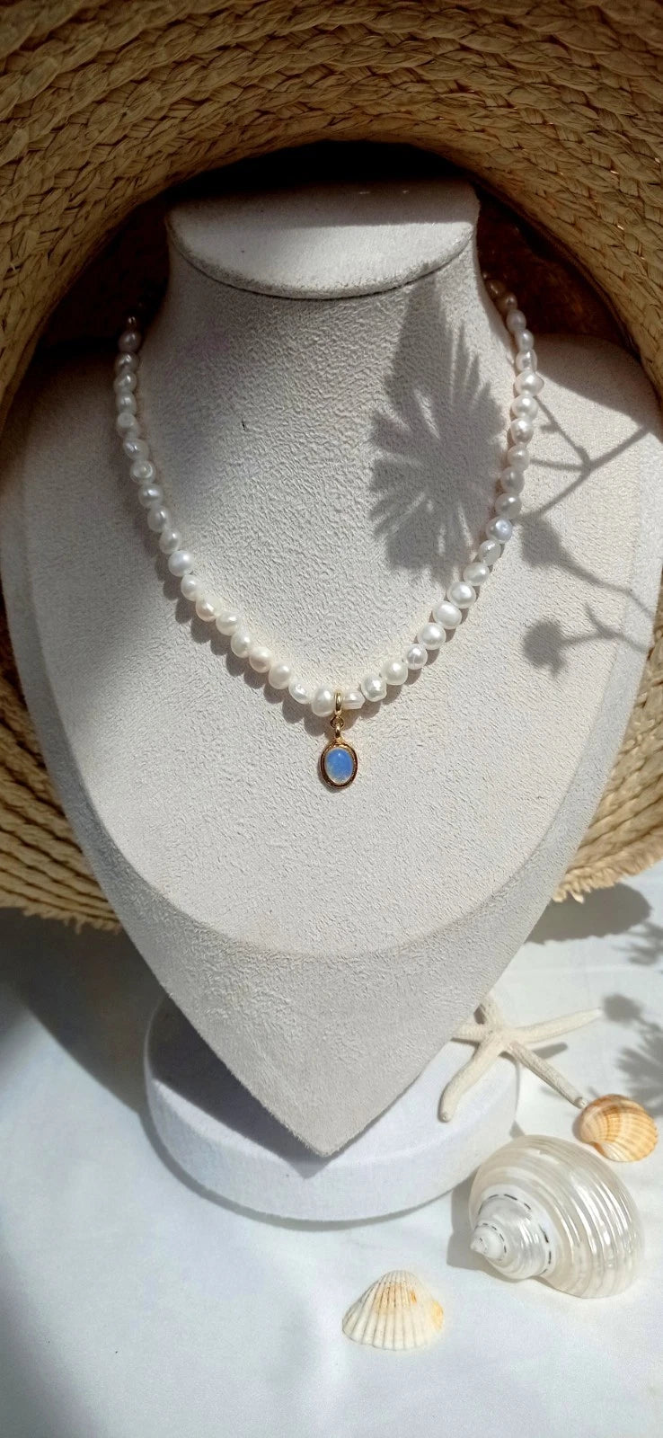 45cm Natural Baroque Freshwater Pearl Necklace, Removable Opal Pendant 14K Gold Plated Adjustable Chain Bridal Daily Jewelry