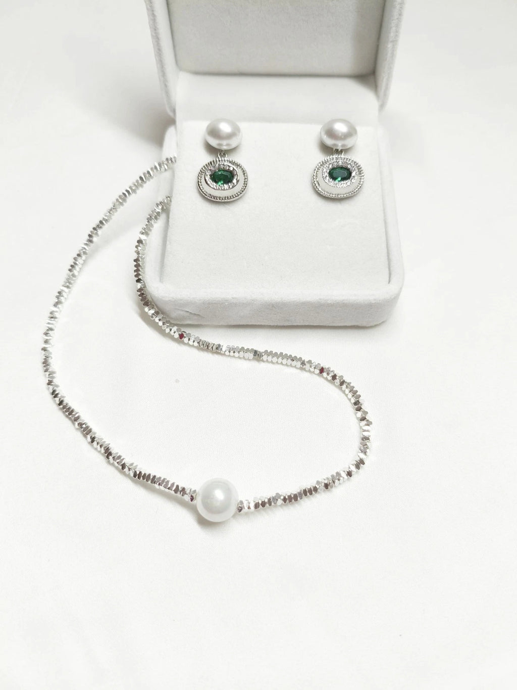 Silver Plated Natural Pearl Jewelry Set, Single Pearl Choker Necklace & Emerald Cubic Zirconia Drop Earrings 925 Silver Pin Hypoallergenic Women Formal Jewelry