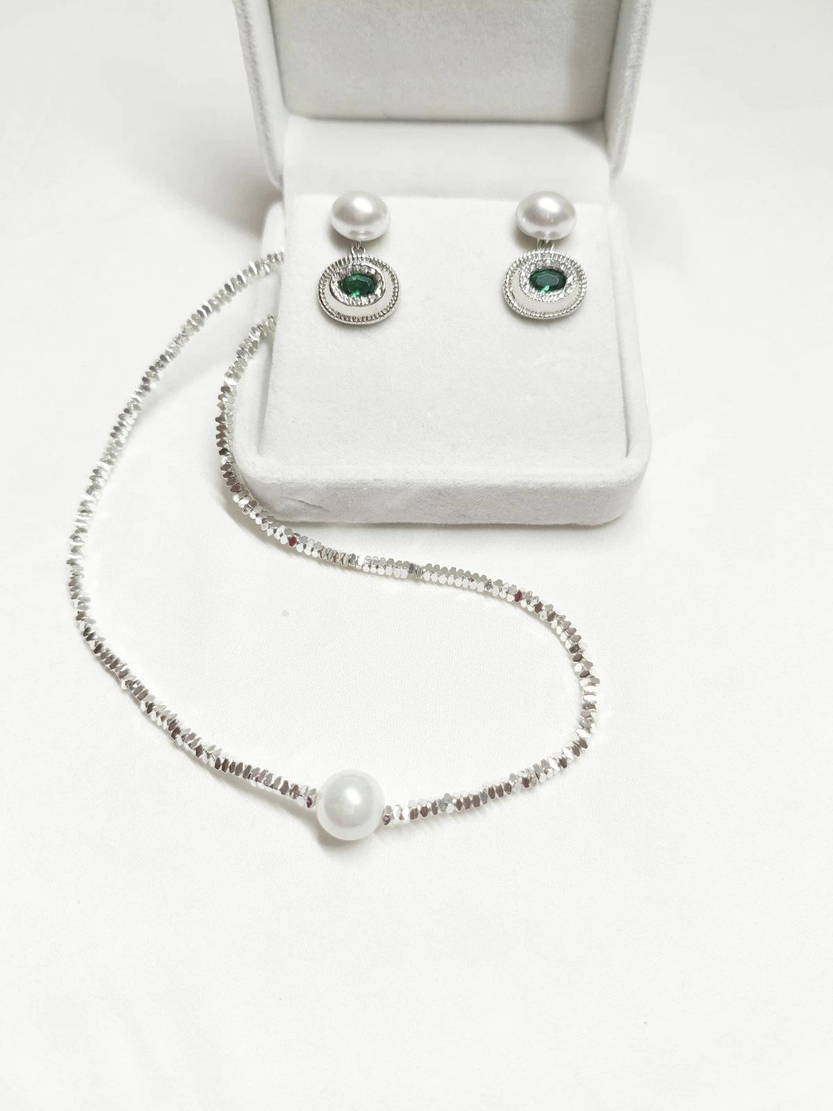 Silver Plated Natural Pearl Jewelry Set, Single Pearl Choker Necklace & Emerald Cubic Zirconia Drop Earrings 925 Silver Pin Hypoallergenic Women Formal Jewelry