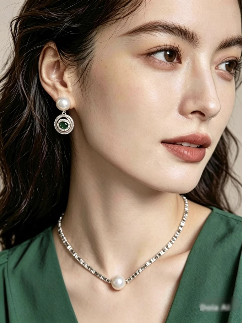 Silver Plated Natural Pearl Jewelry Set, Single Pearl Choker Necklace & Emerald Cubic Zirconia Drop Earrings 925 Silver Pin Hypoallergenic Women Formal Jewelry