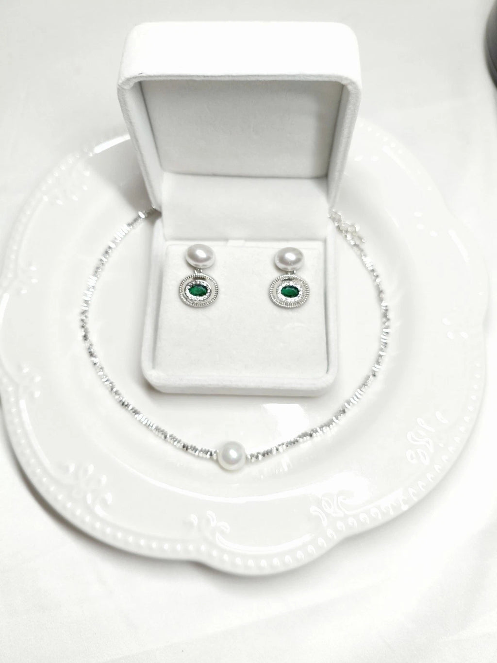 Silver Plated Natural Pearl Jewelry Set, Single Pearl Choker Necklace & Emerald Cubic Zirconia Drop Earrings 925 Silver Pin Hypoallergenic Women Formal Jewelry