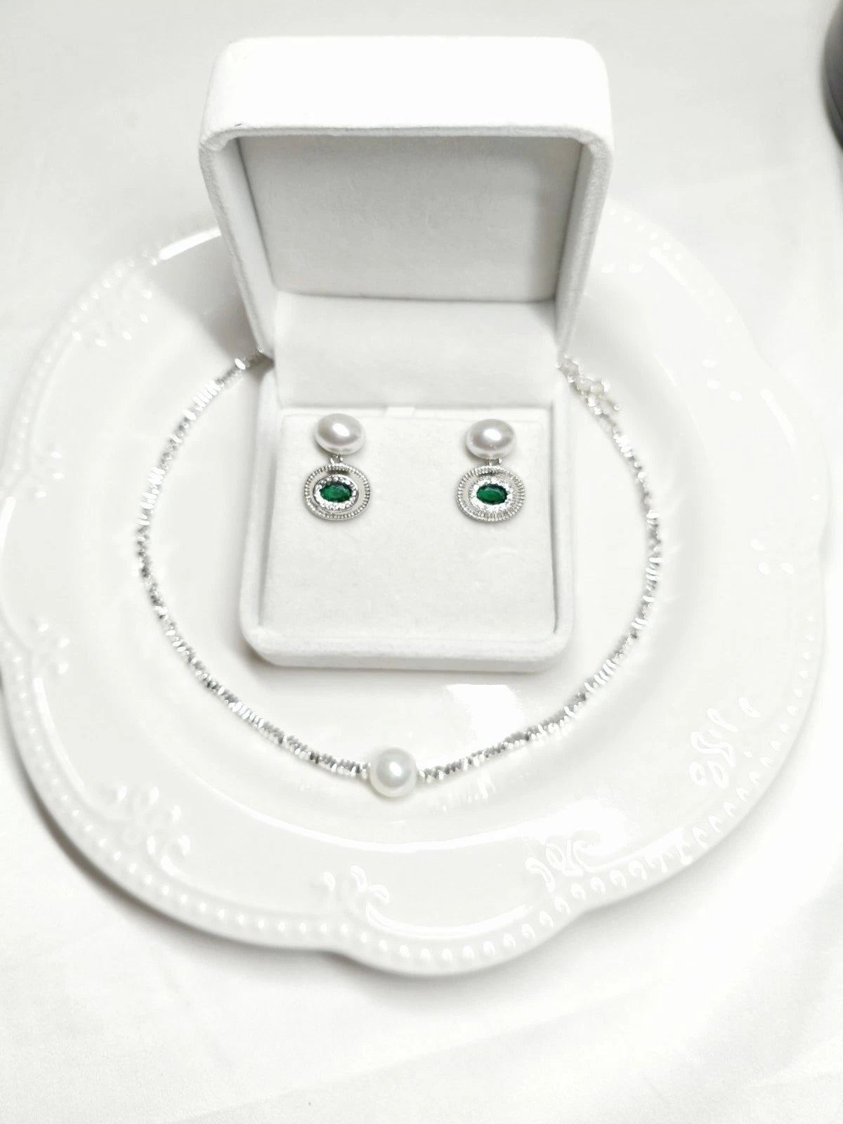 Silver Plated Natural Pearl Jewelry Set, Single Pearl Choker Necklace & Emerald Cubic Zirconia Drop Earrings 925 Silver Pin Hypoallergenic Women Formal Jewelry
