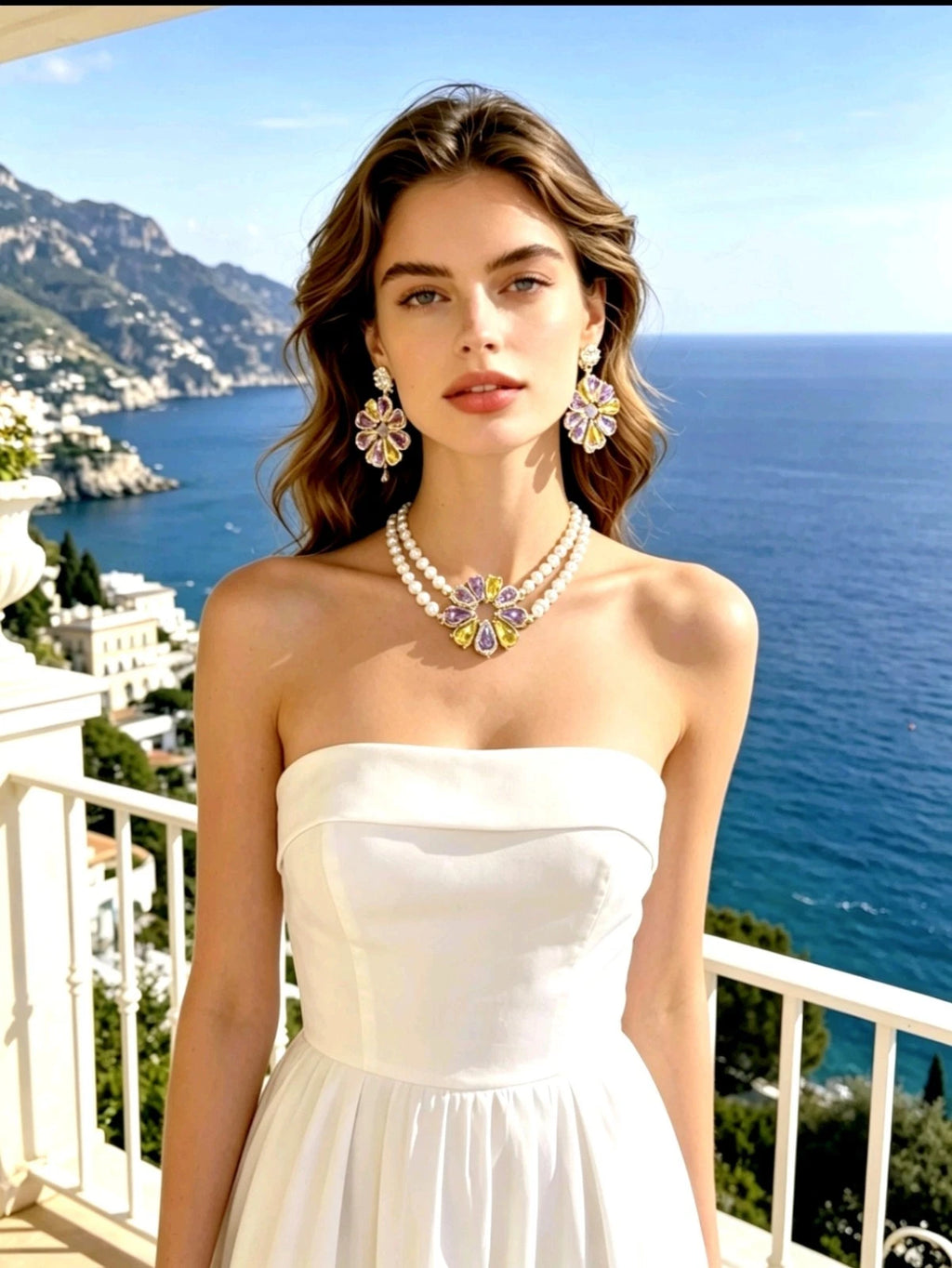 2Pcs Multi Layer Pearl Jewelry Set Colorful Cubic Zirconia Flower Statement Necklace Drop Earrings Wedding Bridal Gift