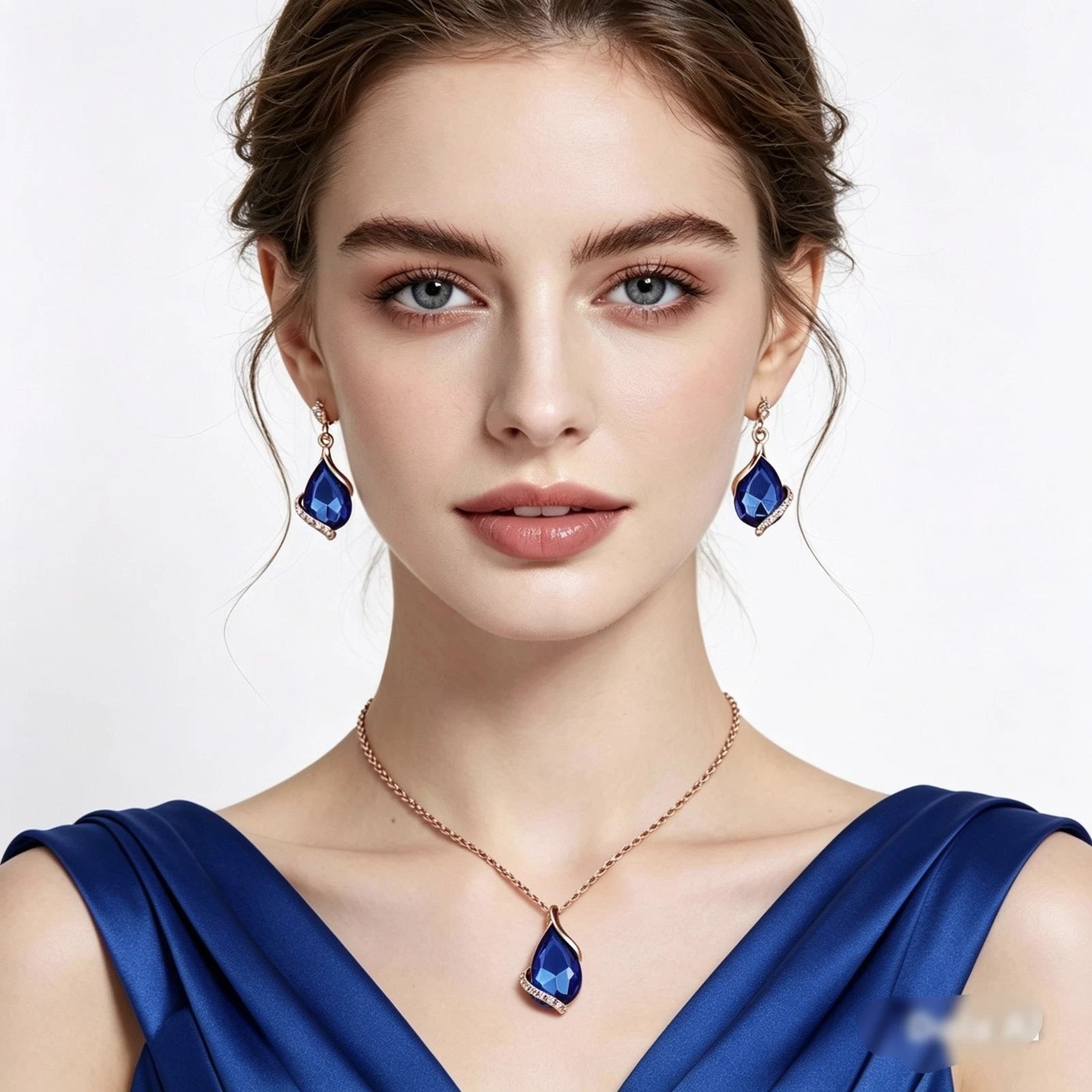 Teardrop Blue Crystal Pendant Necklace & Hook Earring Jewelry Set, Hypoallergenic Zinc Alloy