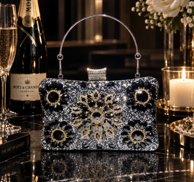 Elegant hard-shell clutch with cubic zirconia and rhinestones.