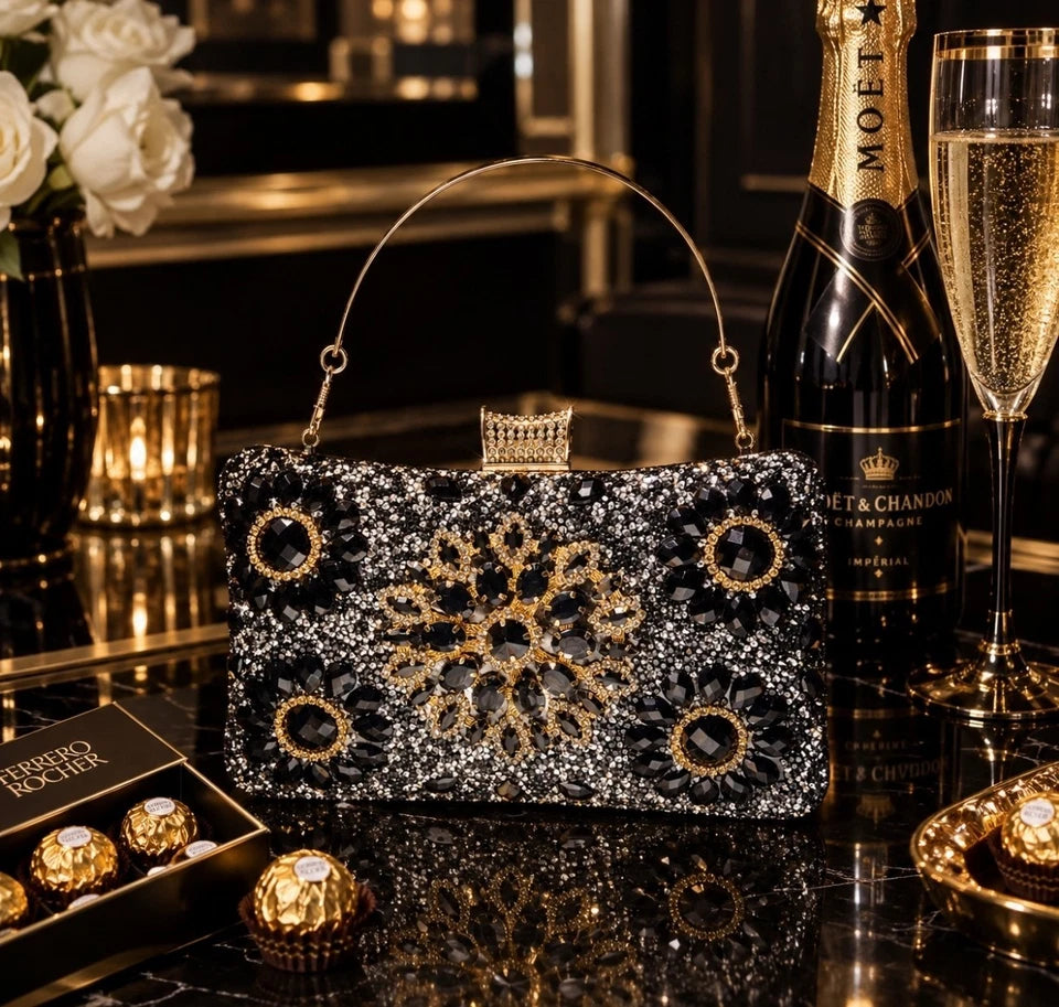 Elegant hard-shell clutch with cubic zirconia and rhinestones.